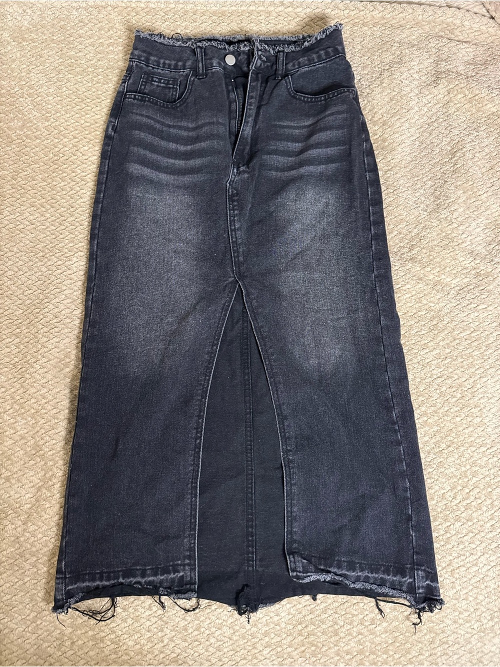 High-Waist Black Denim Midi Skirt with Front Slit